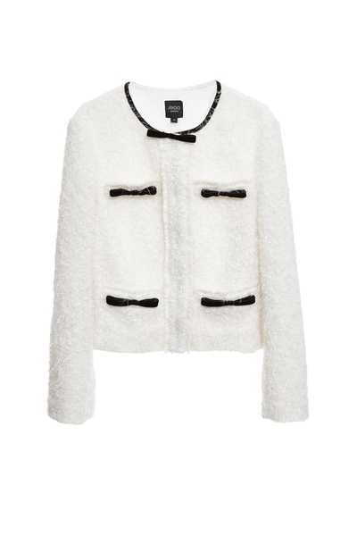 彈性花呢羽毛紗黑蝴蝶結縫飾外套