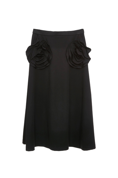 極致黑彈性玫瑰繞花中長展裙