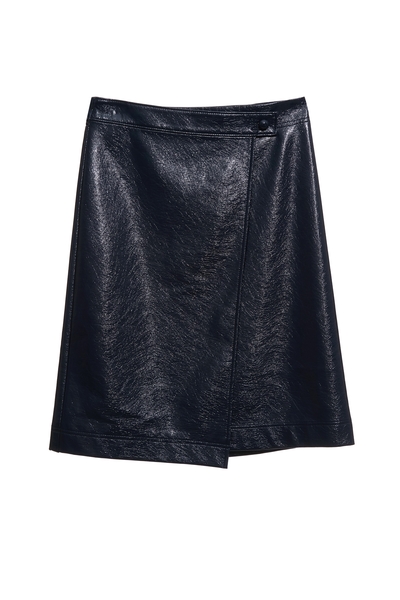 光澤感海軍藍仿皮中長裙