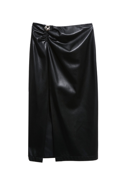 光澤軟皮革抓皺設計中長窄裙