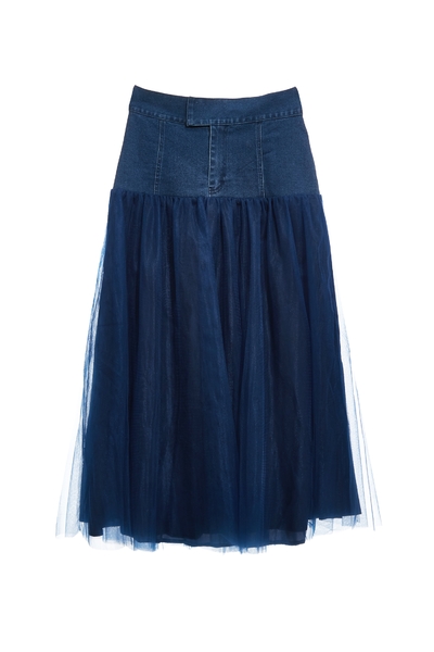 濃厚靛藍拼網紗牛仔裙