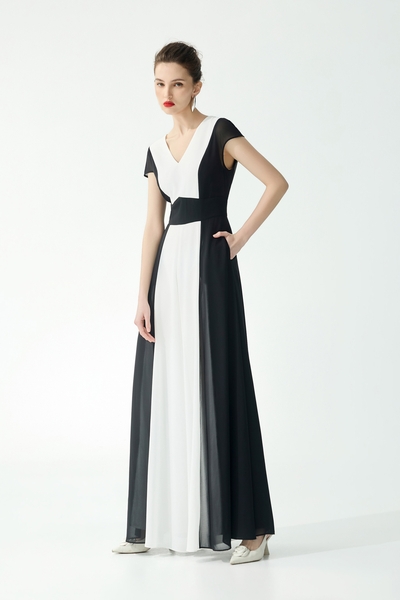 黑白配色顯瘦連身大寬褲