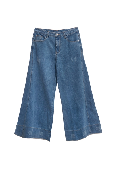 側邊剪接微刷破牛仔寬褲