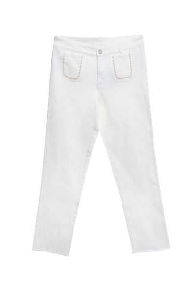 白奎色珍珠口袋牛仔褲