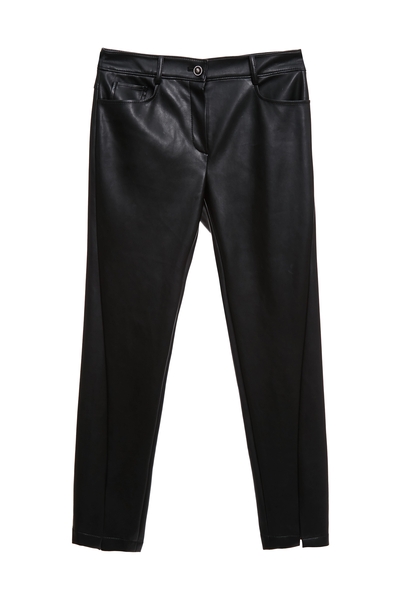 下擺開岔仿皮合身褲