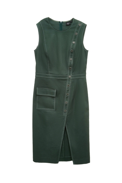 高山綠跳色壓線不對稱洋裝