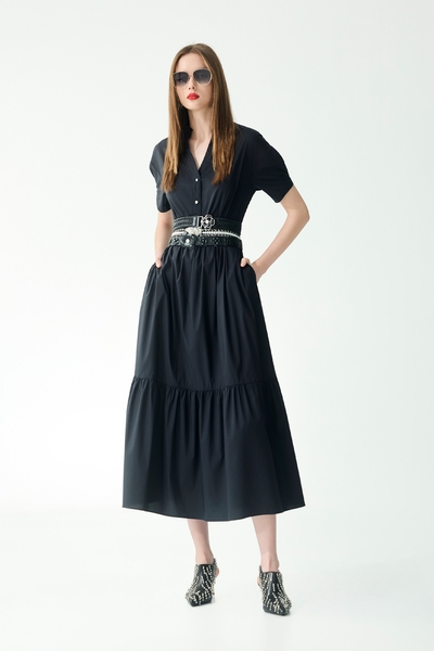 合摺式短袖彈性襯衫長洋裝