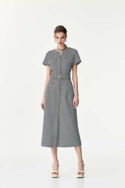 彈性格子開襟式長洋裝