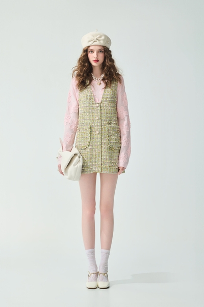 櫻花粉花呢紗洋裝