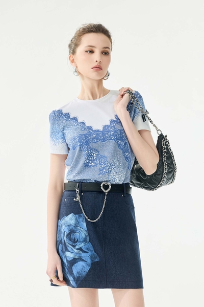 綴單寧藍蕾絲印花Ｔ恤上衣