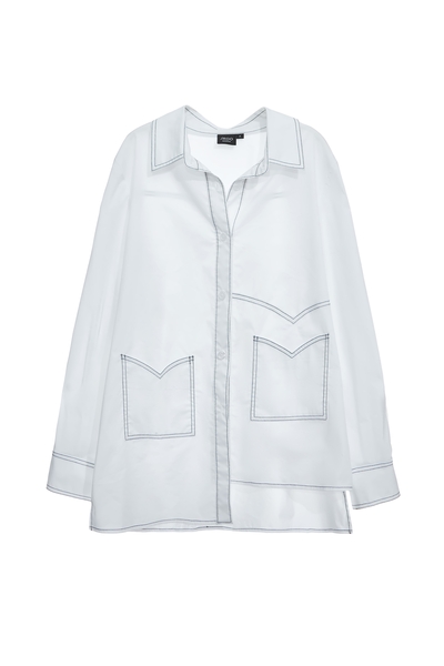 撞色綠線設計長版襯衫