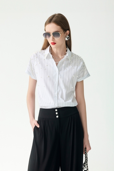 珍珠釘飾直條紋彈性襯衫