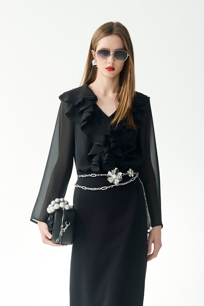 極致黑荷葉雪紡單品上衣