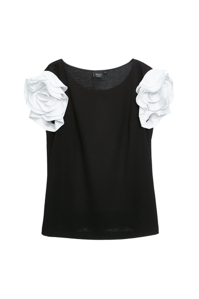 黑白撞色玫瑰繞花袖單品上衣