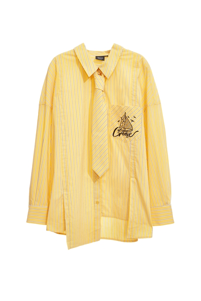 黃灰條不規則剪接大襯衫