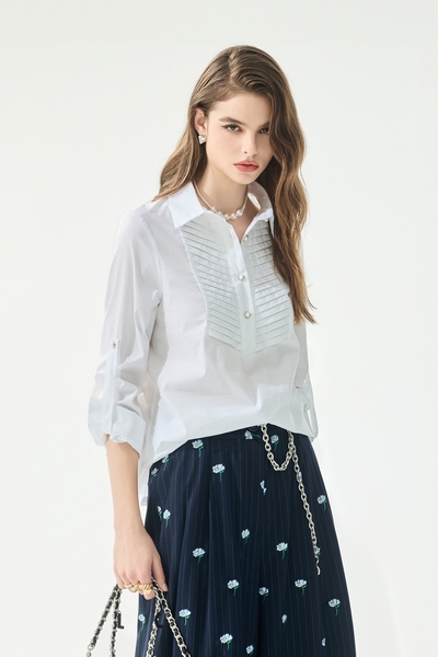 抓褶裝飾彈性長袖襯衫