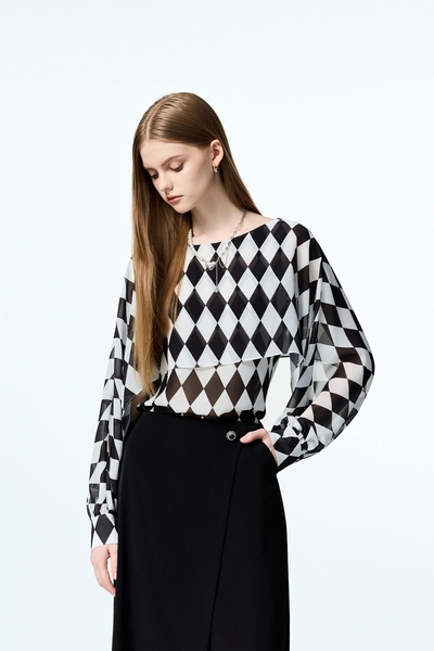 黑白菱形格紋連袖雪紡上衣