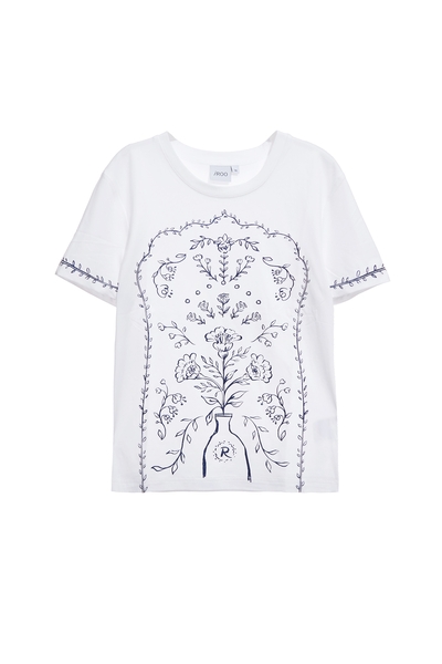 光學白復古壁花刺繡Ｔ恤上衣