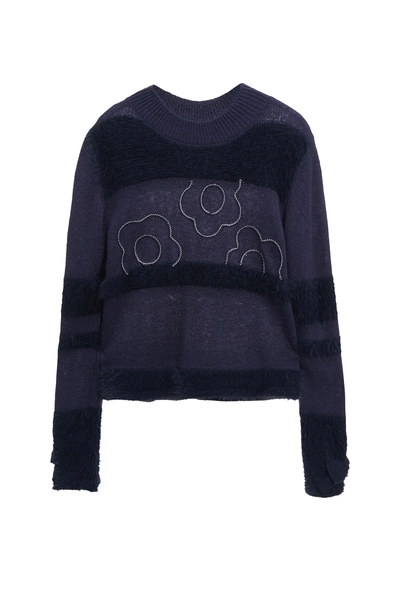 濃厚靛藍綴織帶花卉針織上衣