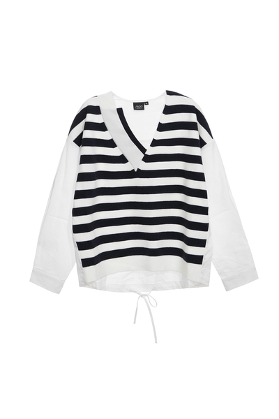 午夜藍條針平織剪接上衣