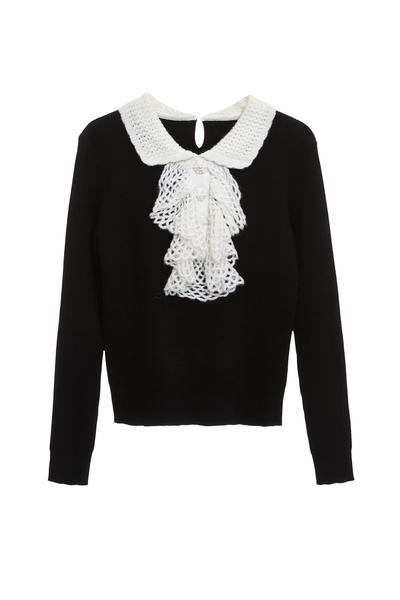 黑白配手勾荷葉坑條針織