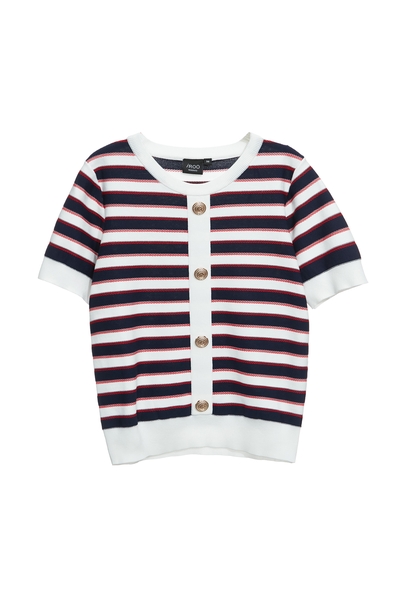 配條縫釦短袖針織上衣