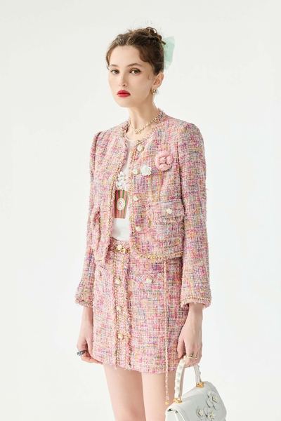 電光紫粉小香風花呢紗短裙