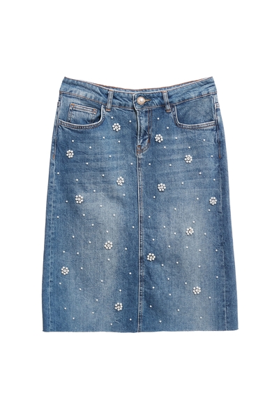 手工珍珠花瓣造型牛仔裙