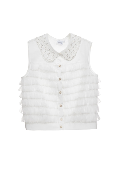 鑲珠飾造型領片荷葉上衣